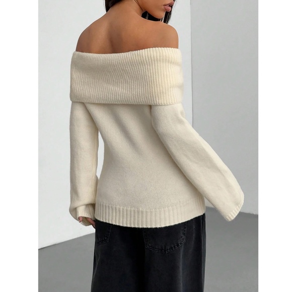 Cream Off The Shoulder Fold Over Sweater Pullover Knit Long Sleeve - Picture 4 of 13